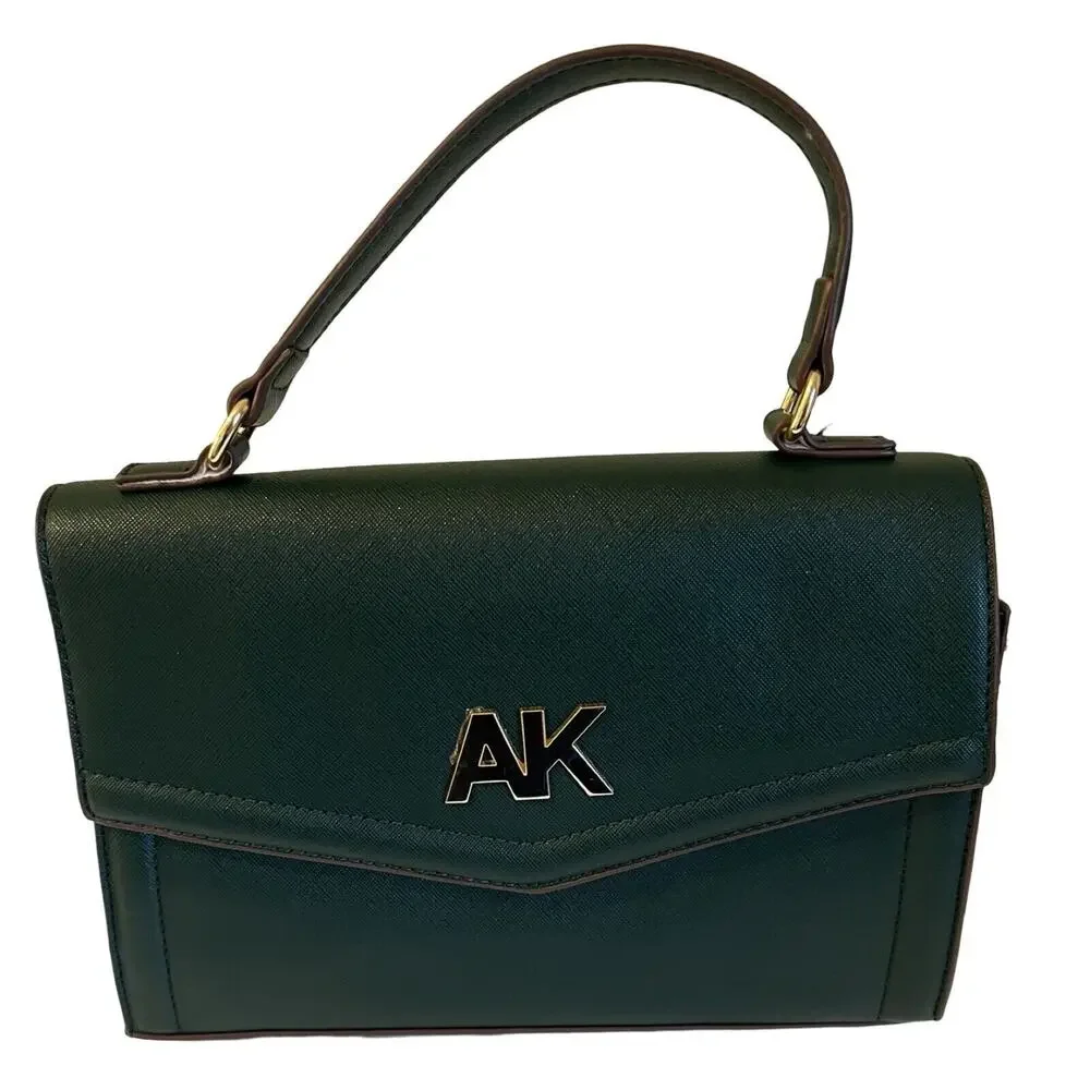Anne Klein Purse Green Satchel Signature Top Handle Handbag Snap Close Zip Pocke